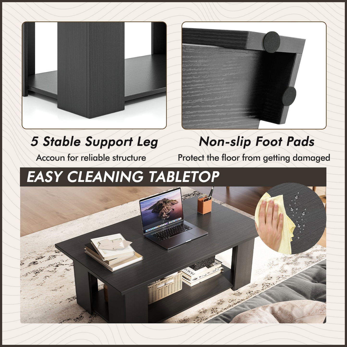 Wooden Coffee Table with Two Tier Storage Shelf Modern Black Design