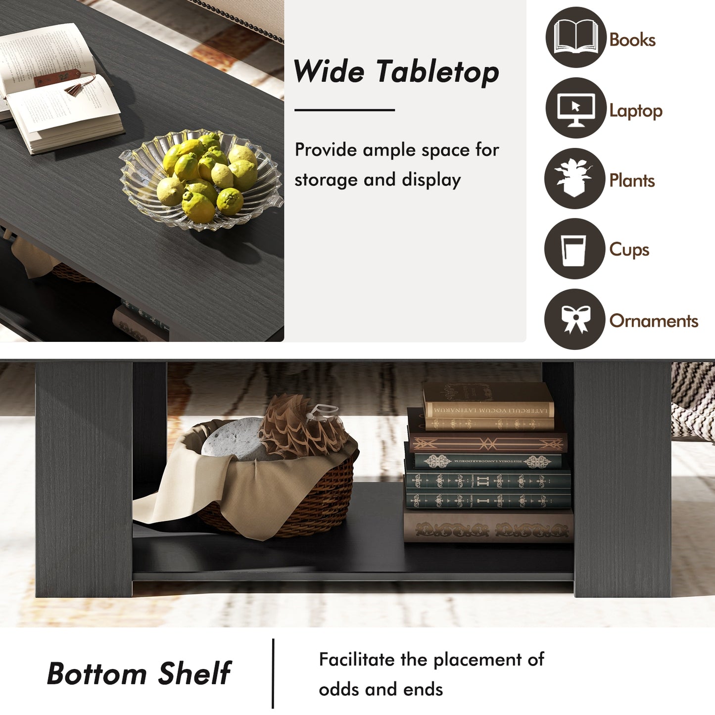 Wooden Coffee Table with Two Tier Storage Shelf Modern Black Design
