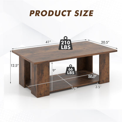 Wooden Coffee Table with Two Tier Storage Shelf Modern Brown Design