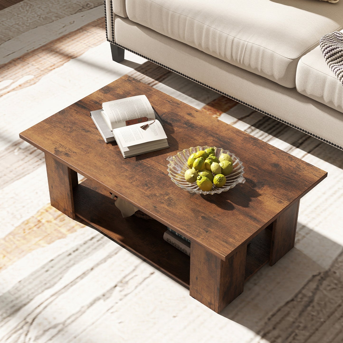 Wooden Coffee Table with Two Tier Storage Shelf Modern Brown Design