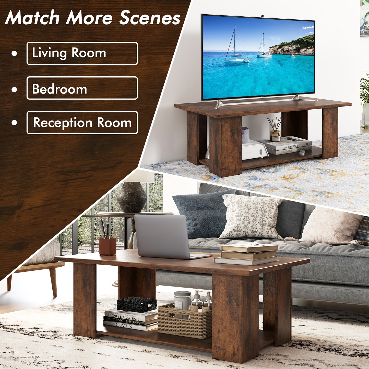 Wooden Coffee Table with Two Tier Storage Shelf Modern Brown Design