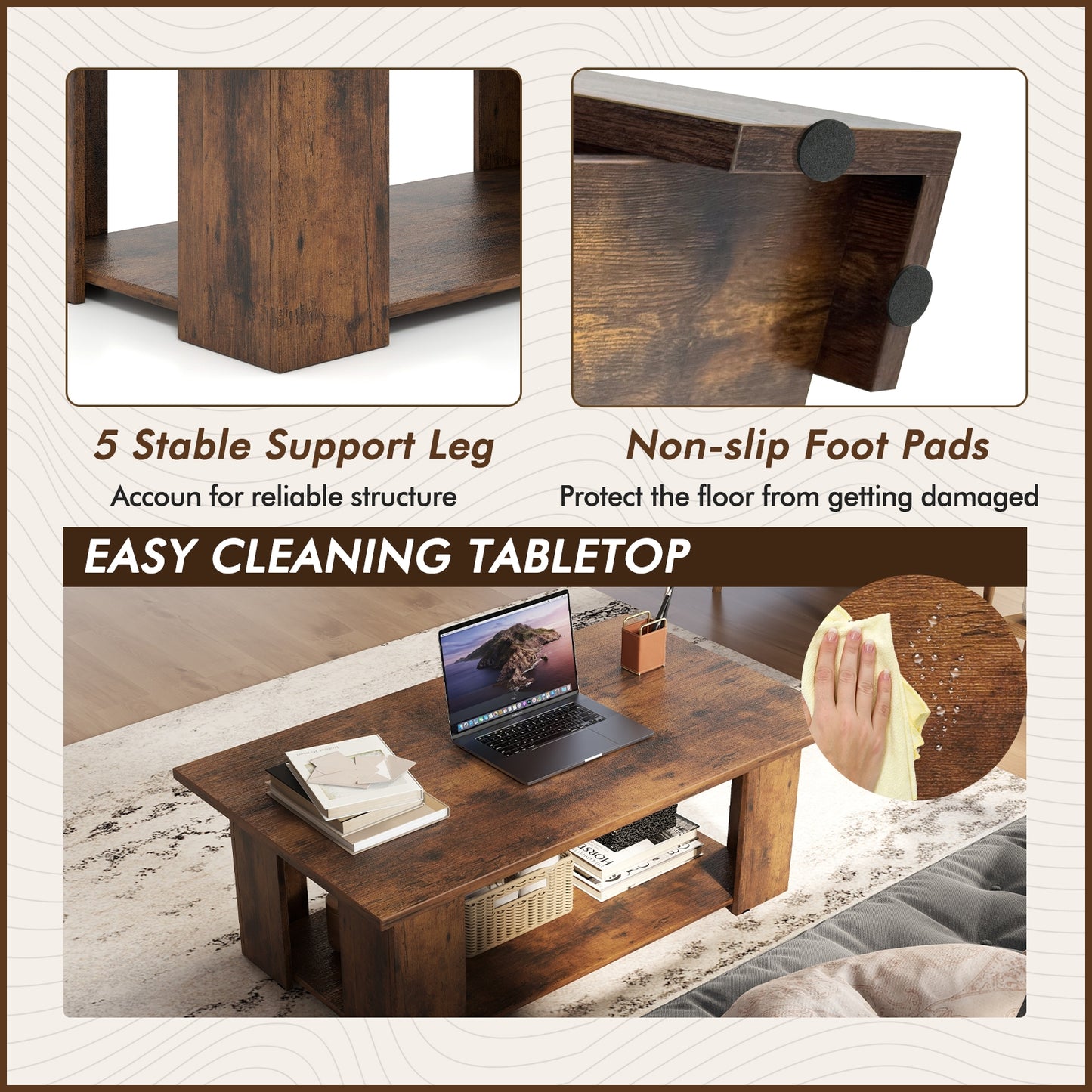 Wooden Coffee Table with Two Tier Storage Shelf Modern Brown Design