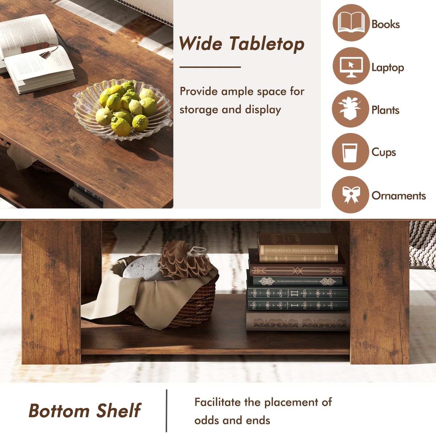 Wooden Coffee Table with Two Tier Storage Shelf Modern Brown Design