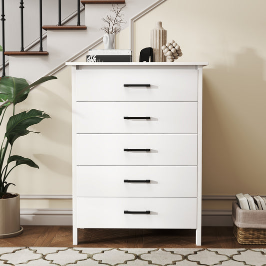 Modern 5 Drawer Dresser with Metal Handles, Storage Chest for Bedroom or Entryway – White Oak