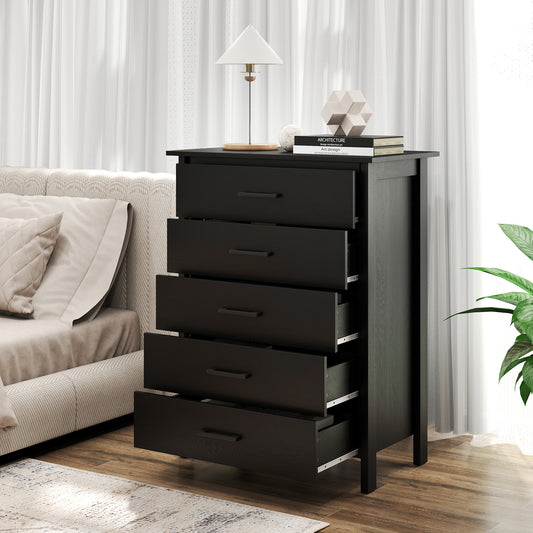 Modern 5 Drawer Dresser with Metal Handles, Storage Chest for Bedroom or Entryway – Black Oak