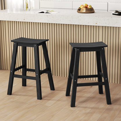 Outdoor Saddle Bar Stools Set of 2, 29 Inch HDPE Armless Patio Seating with Footrest, Black Finish