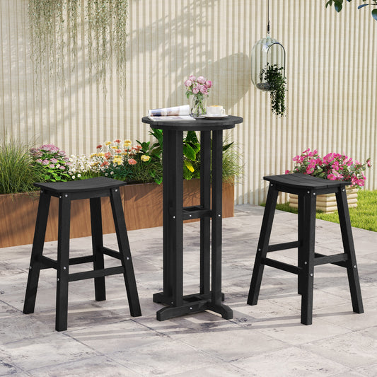 Outdoor Saddle Bar Stools Set of 2, 29 Inch HDPE Armless Patio Seating with Footrest, Black Finish