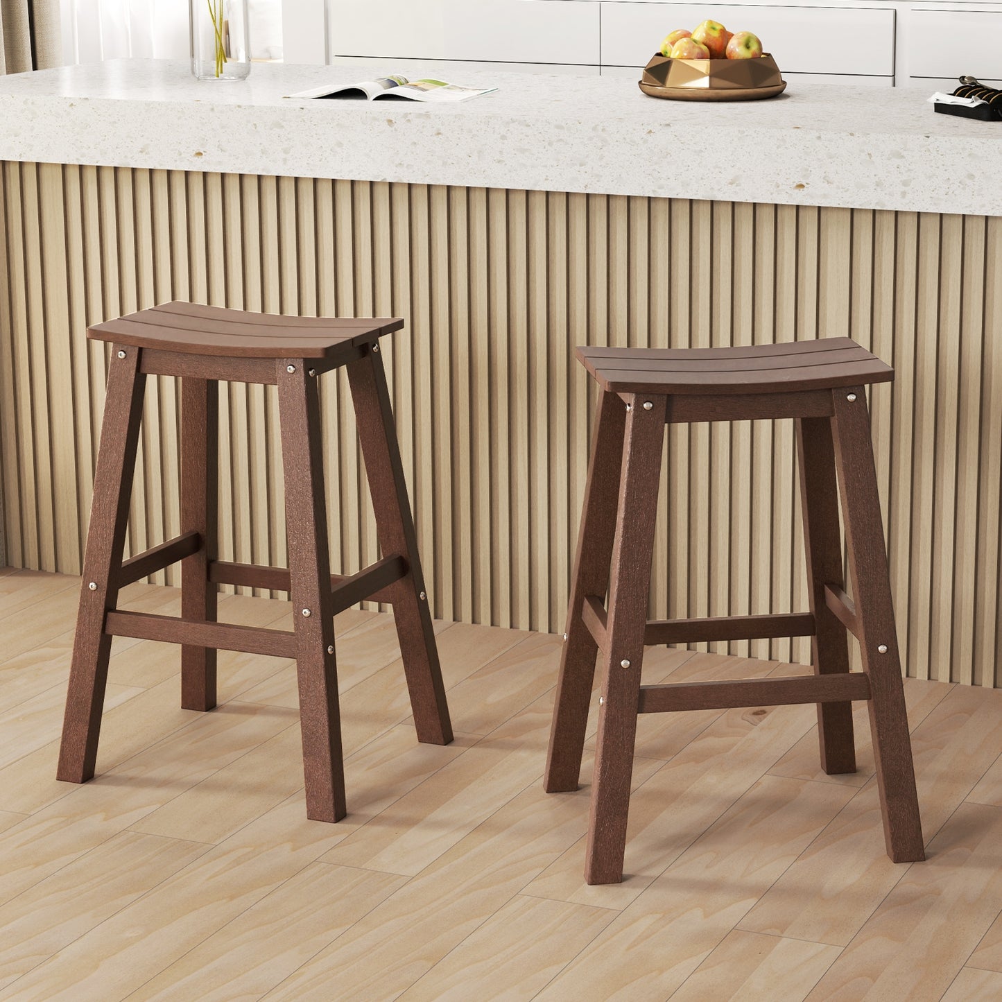 Outdoor Saddle Bar Stools Set of 2, 29 Inch HDPE Armless Patio Seating with Footrest, Brown Finish