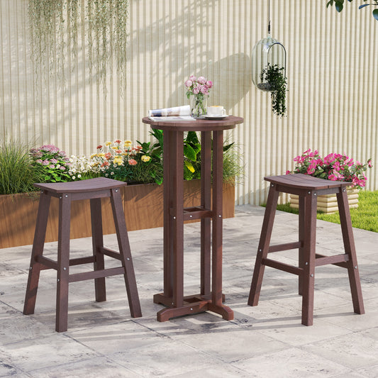 Outdoor Saddle Bar Stools Set of 2, 29 Inch HDPE Armless Patio Seating with Footrest, Brown Finish