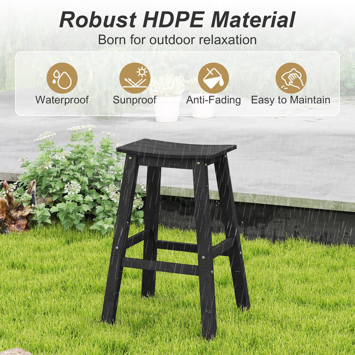 Outdoor Saddle Bar Stools Set of 2, 29 Inch HDPE Armless Patio Seating with Footrest, Black Finish
