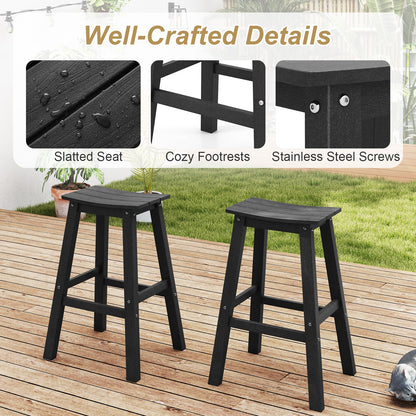 Outdoor Saddle Bar Stools Set of 2, 29 Inch HDPE Armless Patio Seating with Footrest, Black Finish