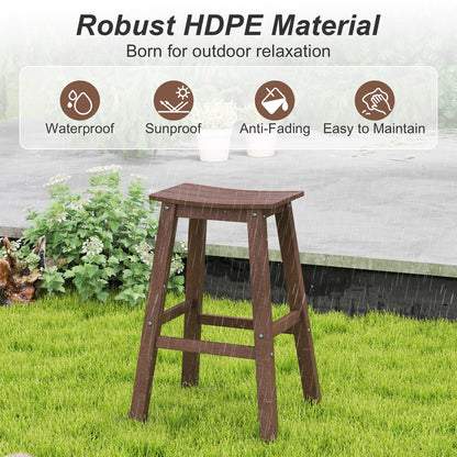 Outdoor Saddle Bar Stools Set of 2, 29 Inch HDPE Armless Patio Seating with Footrest, Brown Finish