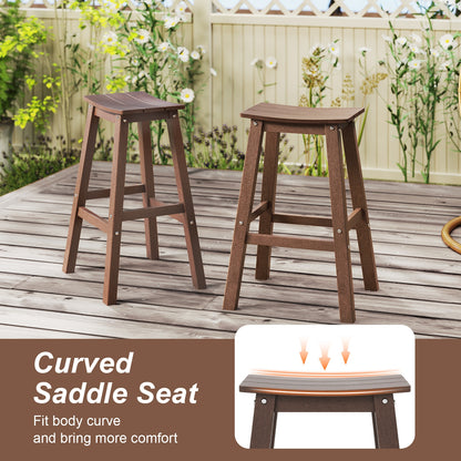 Outdoor Saddle Bar Stools Set of 2, 29 Inch HDPE Armless Patio Seating with Footrest, Brown Finish