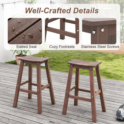 Outdoor Saddle Bar Stools Set of 2, 29 Inch HDPE Armless Patio Seating with Footrest, Brown Finish