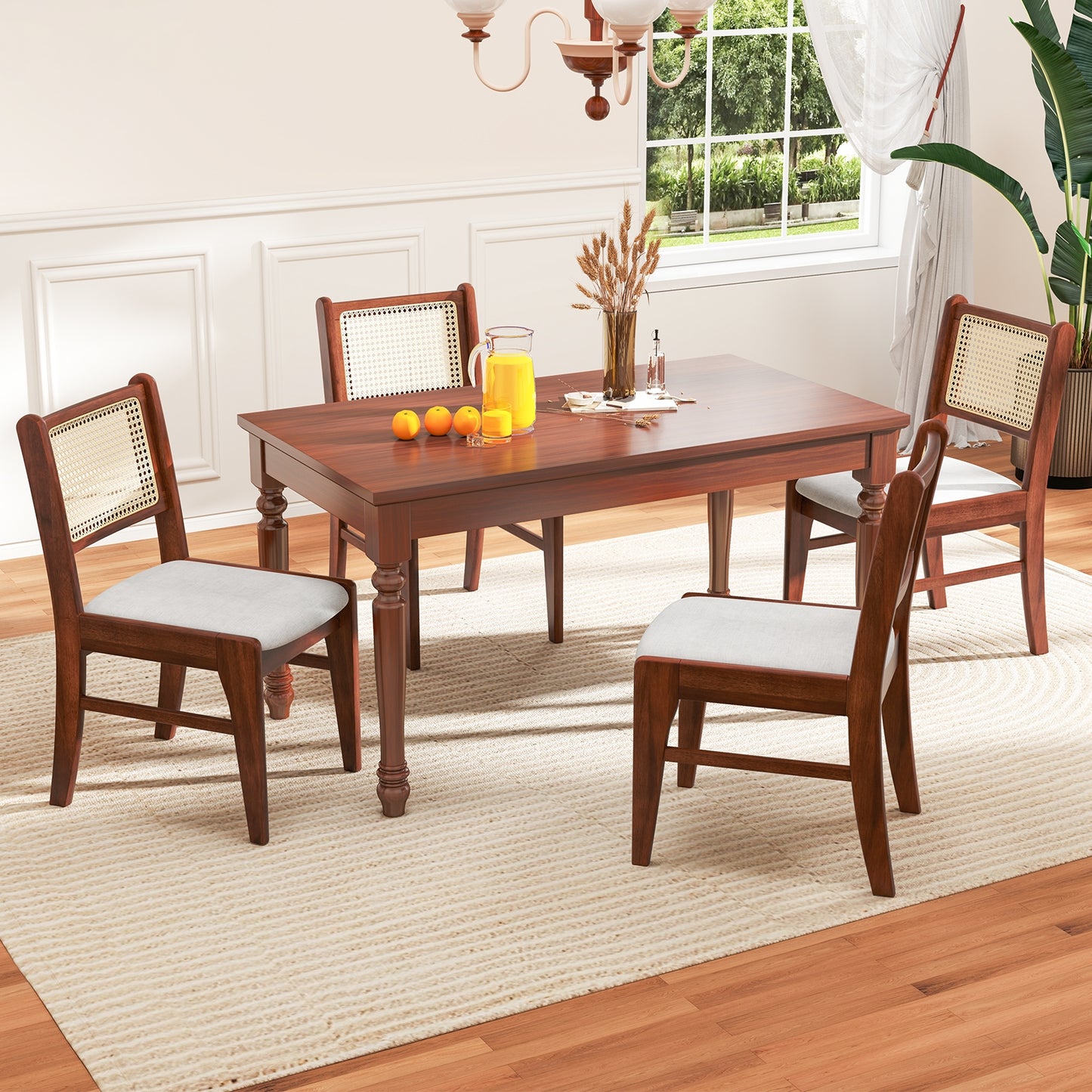 Cane Back Dining Chairs with Padded Seat and Solid Rubber Wood Frame Set of 2