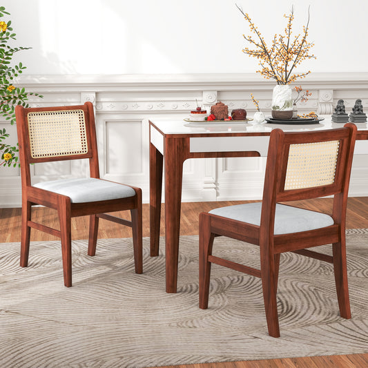 Cane Back Dining Chairs with Padded Seat and Solid Rubber Wood Frame Set of 2