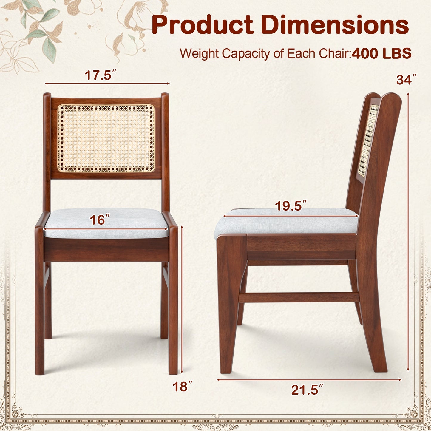 Cane Back Dining Chairs with Padded Seat and Solid Rubber Wood Frame Set of 2