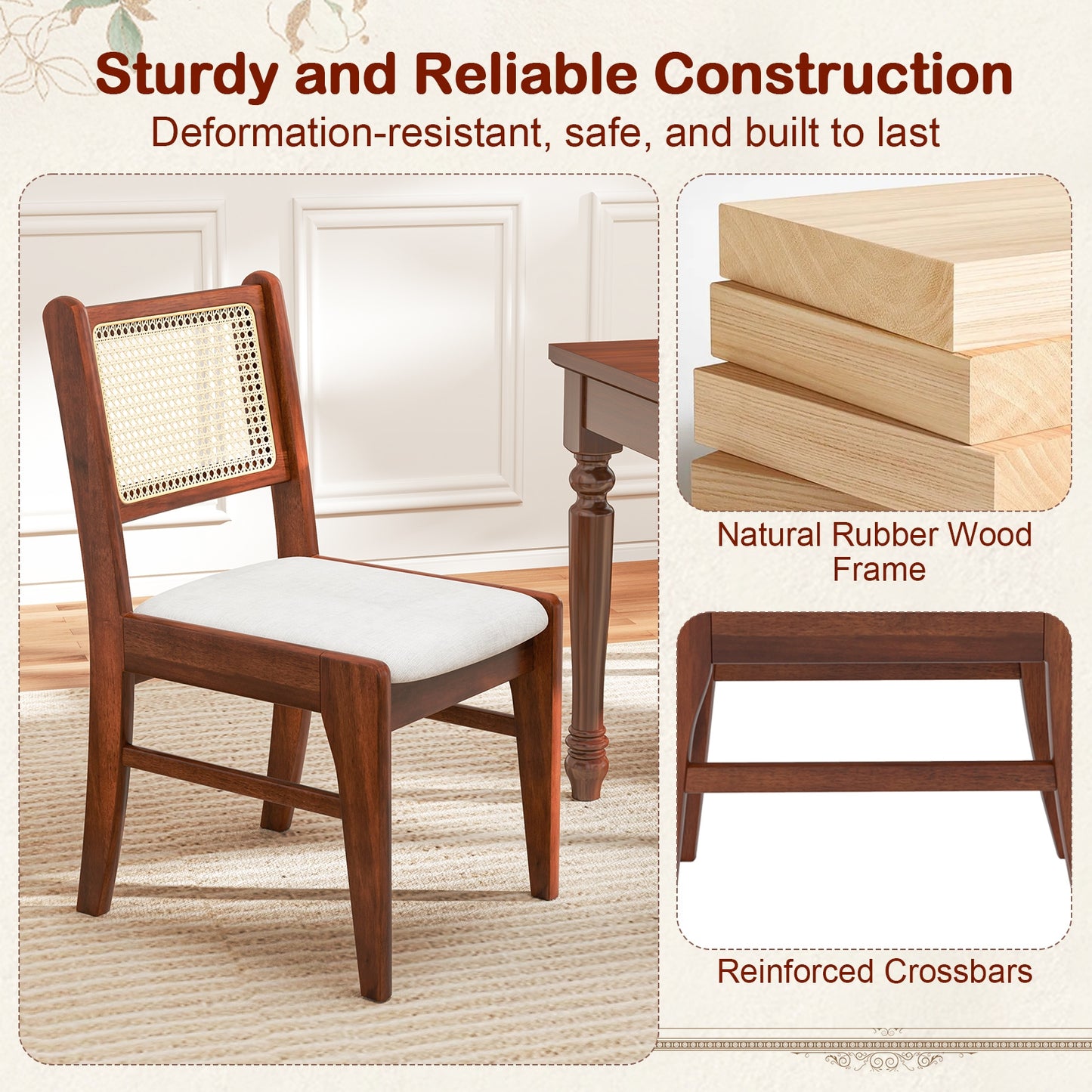 Cane Back Dining Chairs with Padded Seat and Solid Rubber Wood Frame Set of 2