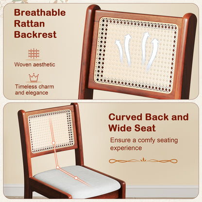 Cane Back Dining Chairs with Padded Seat and Solid Rubber Wood Frame Set of 2