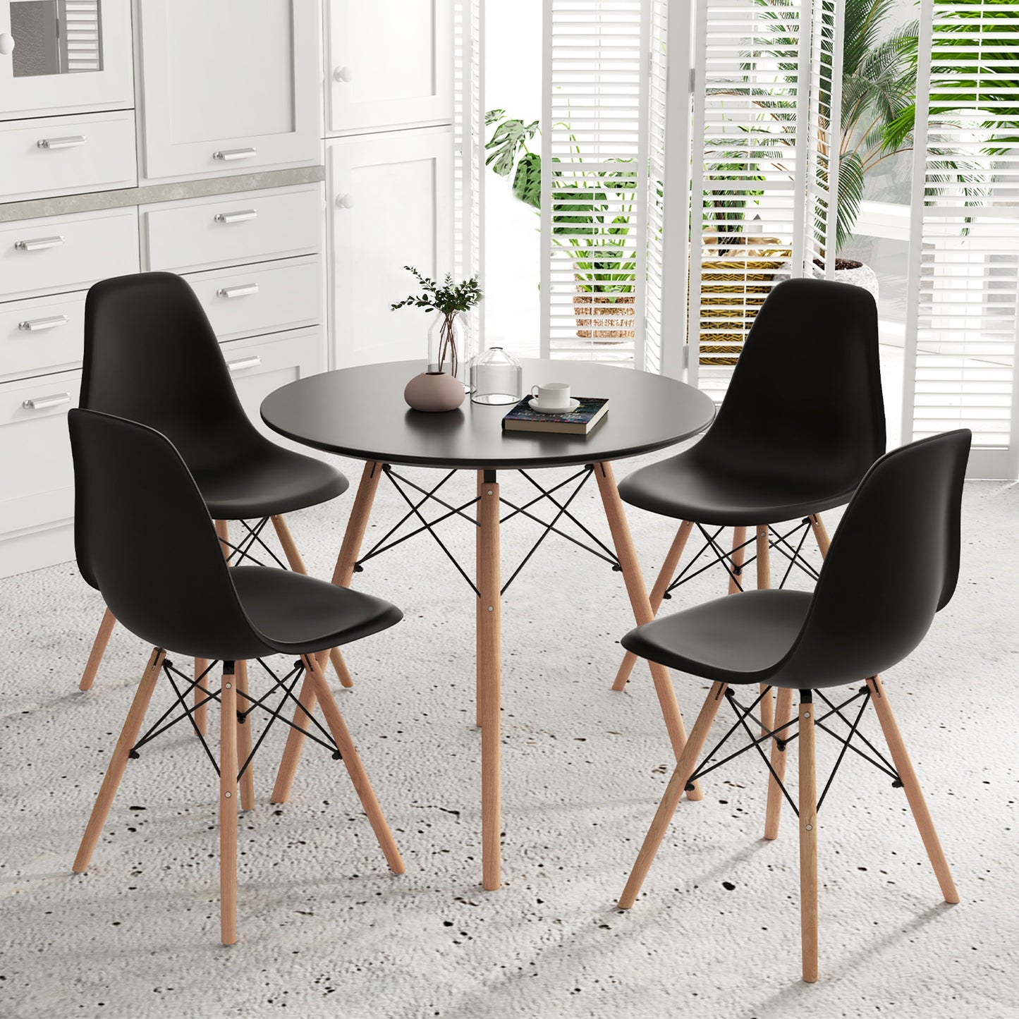 5 Piece Dining Set with Solid Wood Legs in Black for Modern Kitchens
