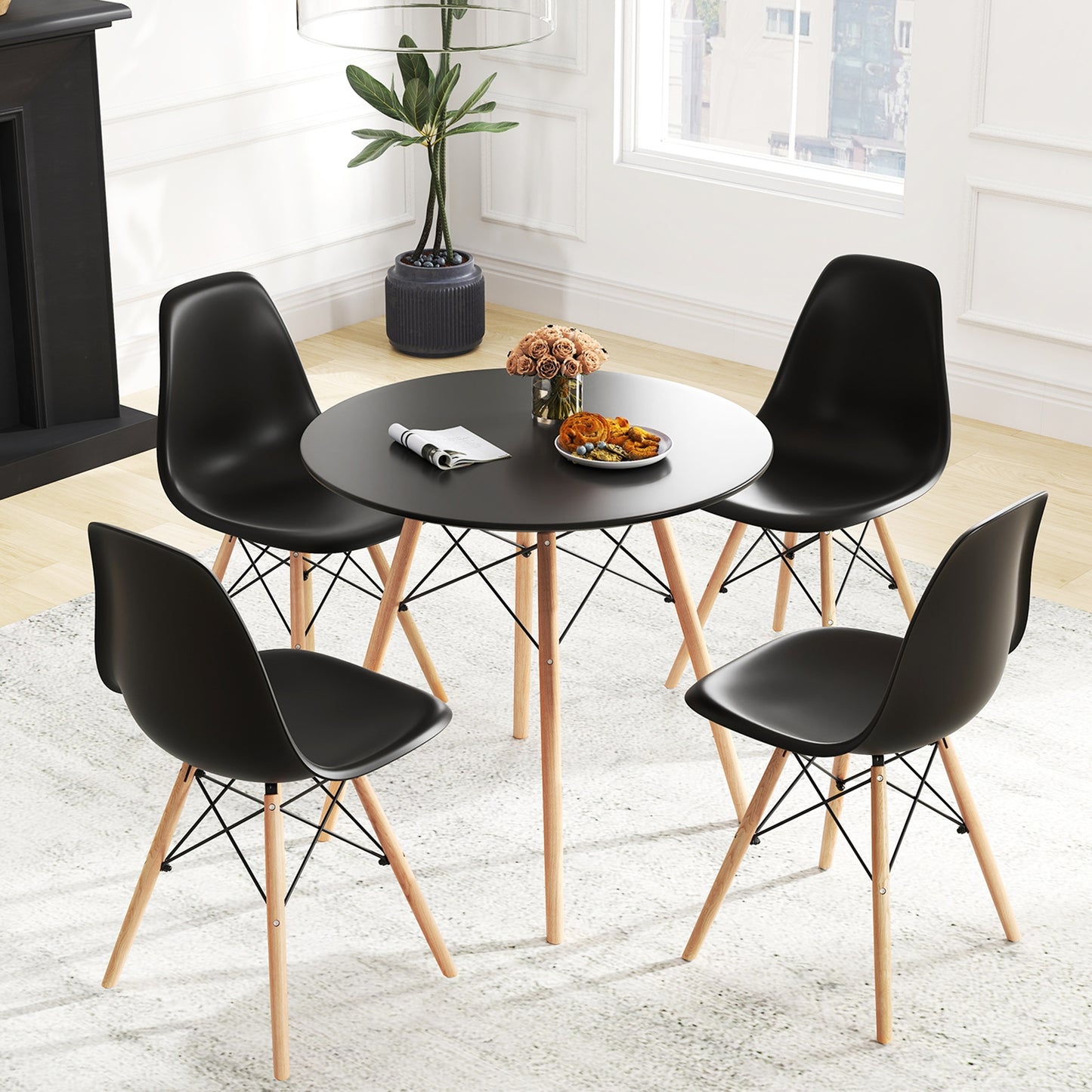 5 Piece Dining Set with Solid Wood Legs in Black for Modern Kitchens