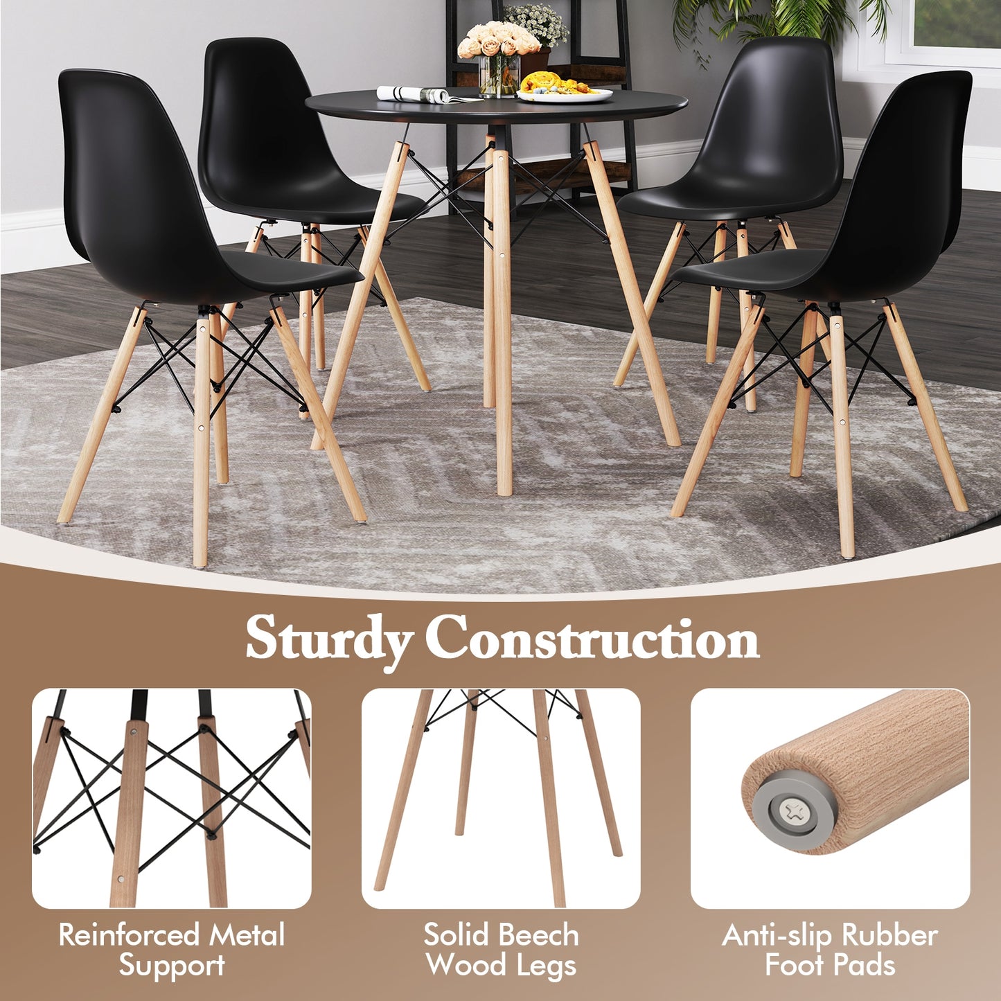 5 Piece Dining Set with Solid Wood Legs in Black for Modern Kitchens