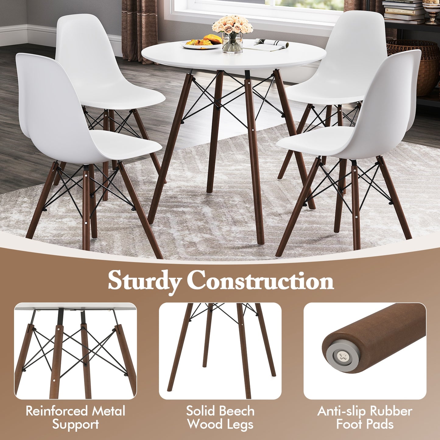 5 Piece Dining Set with Solid Wood Legs in Beige for Modern Kitchens