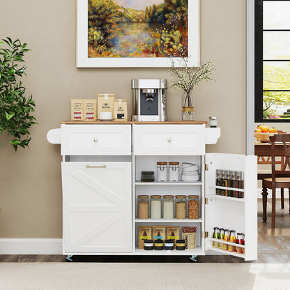 Kitchen Island Cart with Drop Leaf Trash Cabinet Storage and Locking Wheels - White
