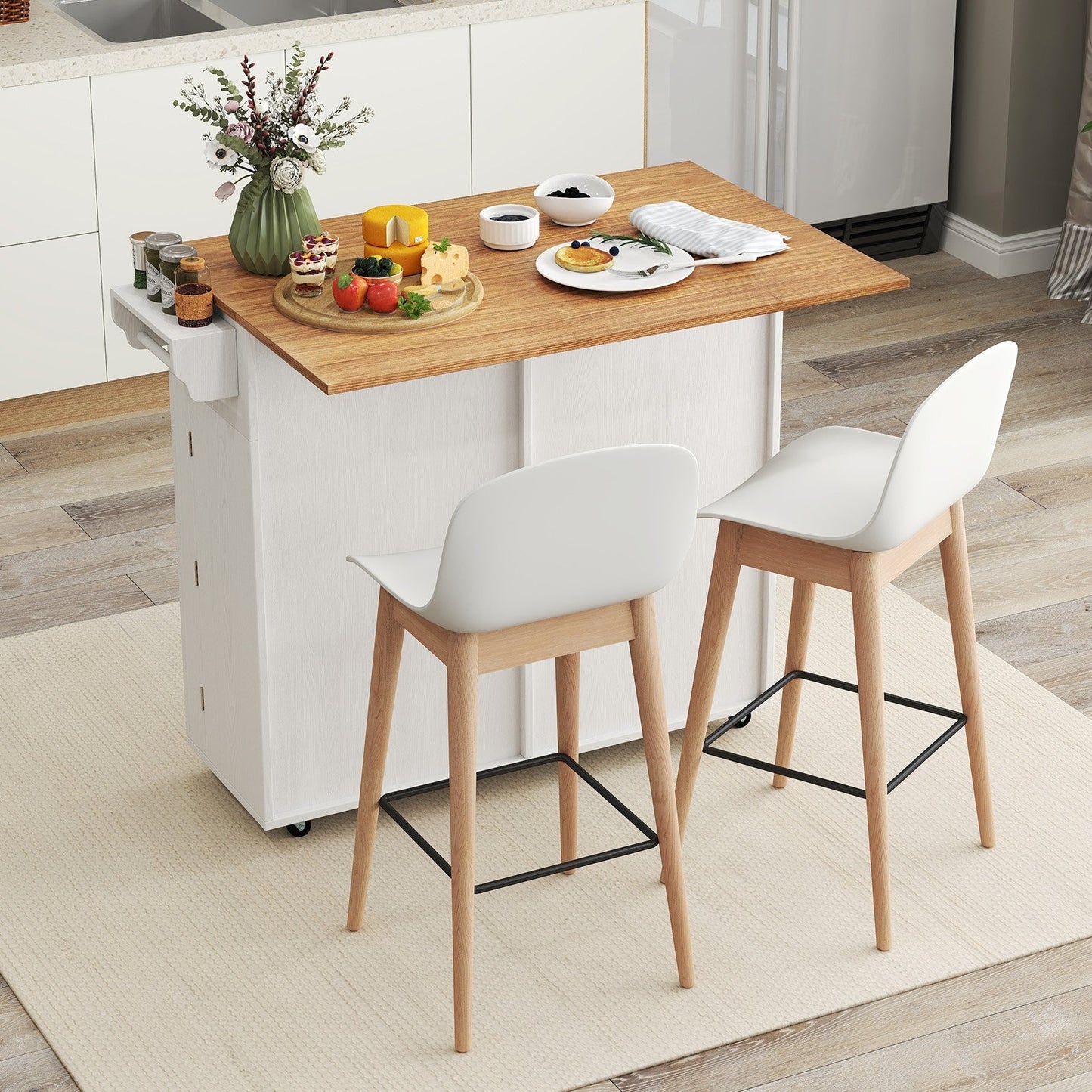 Kitchen Island Cart with Drop Leaf Trash Cabinet Storage and Locking Wheels - White