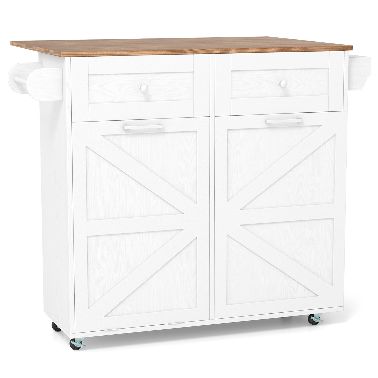 Kitchen Island Cart with Drop Leaf Trash Cabinet Storage and Locking Wheels - White