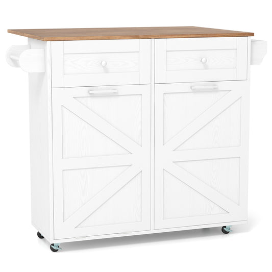 Kitchen Island Cart with Drop Leaf Trash Cabinet Storage and Locking Wheels - White