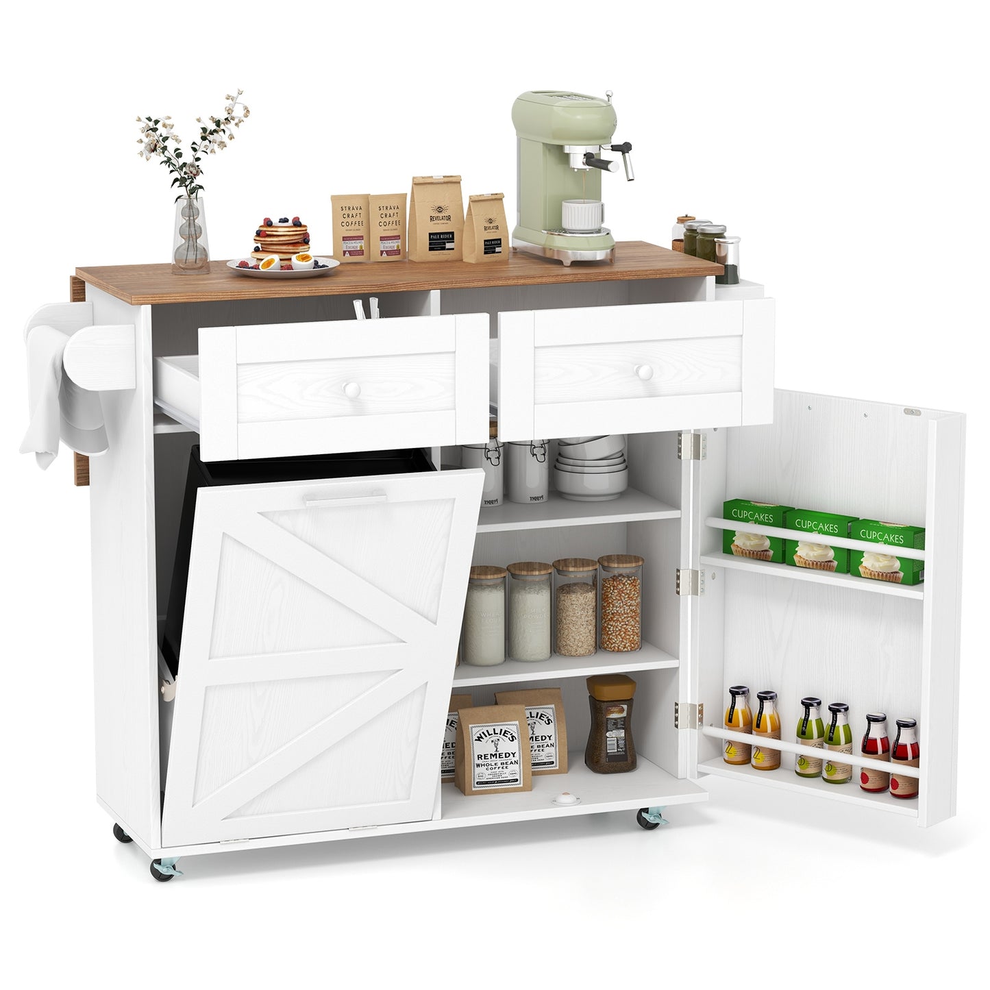 Kitchen Island Cart with Drop Leaf Trash Cabinet Storage and Locking Wheels - White