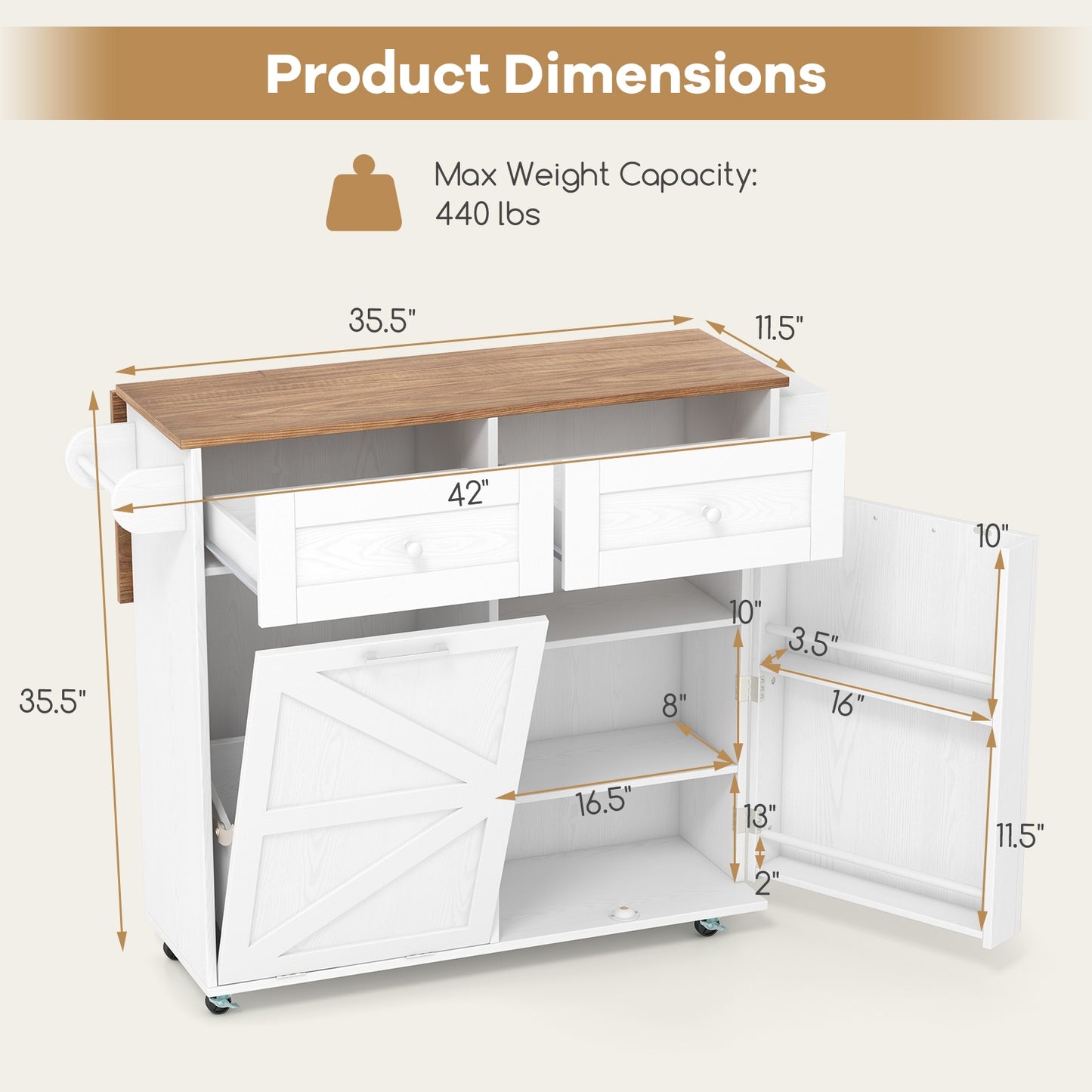 Kitchen Island Cart with Drop Leaf Trash Cabinet Storage and Locking Wheels - White