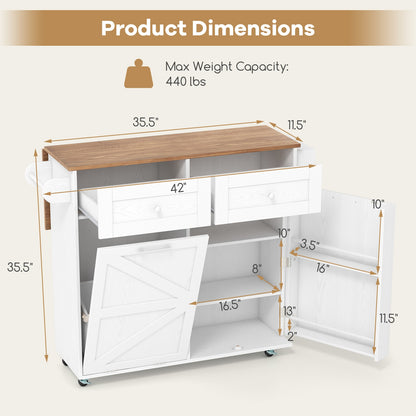 Kitchen Island Cart with Drop Leaf Trash Cabinet Storage and Locking Wheels - White