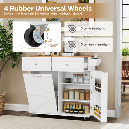 Kitchen Island Cart with Drop Leaf Trash Cabinet Storage and Locking Wheels - White