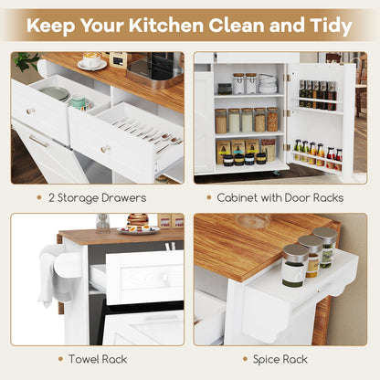 Kitchen Island Cart with Drop Leaf Trash Cabinet Storage and Locking Wheels - White