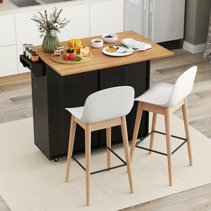 Kitchen Island Cart with Drop Leaf Trash Cabinet Storage and Locking Wheels - Black