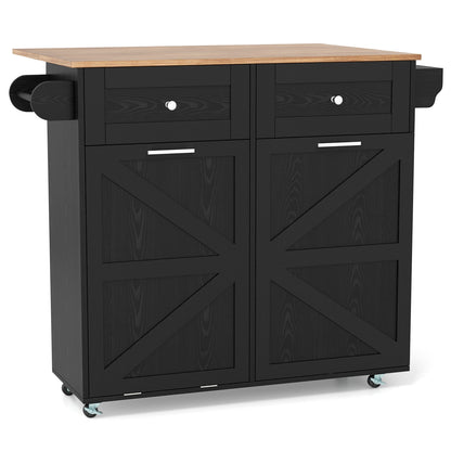 Kitchen Island Cart with Drop Leaf Trash Cabinet Storage and Locking Wheels - Black