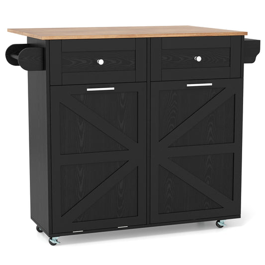 Kitchen Island Cart with Drop Leaf Trash Cabinet Storage and Locking Wheels - Black