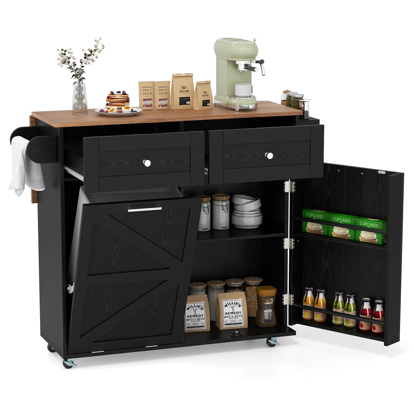 Kitchen Island Cart with Drop Leaf Trash Cabinet Storage and Locking Wheels - Black