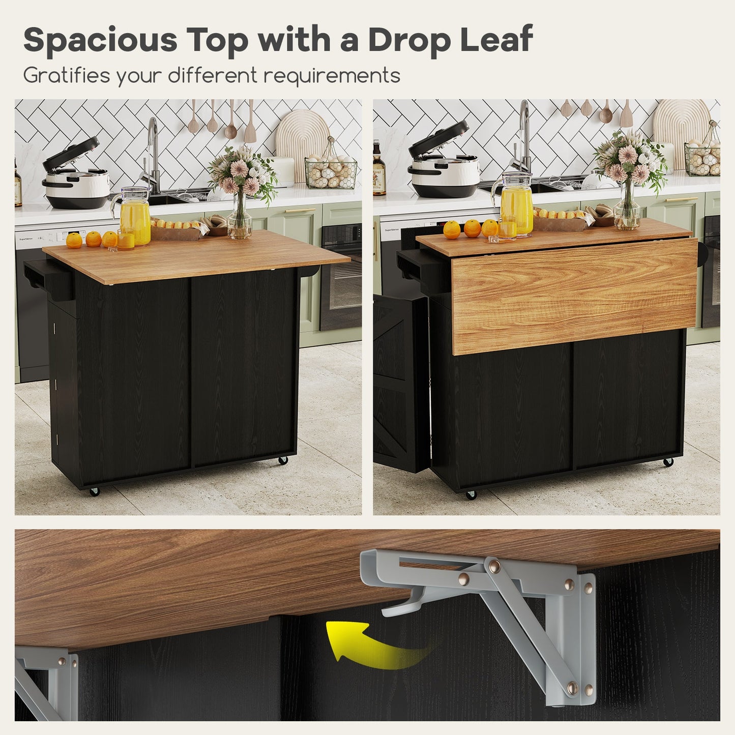 Kitchen Island Cart with Drop Leaf Trash Cabinet Storage and Locking Wheels - Black