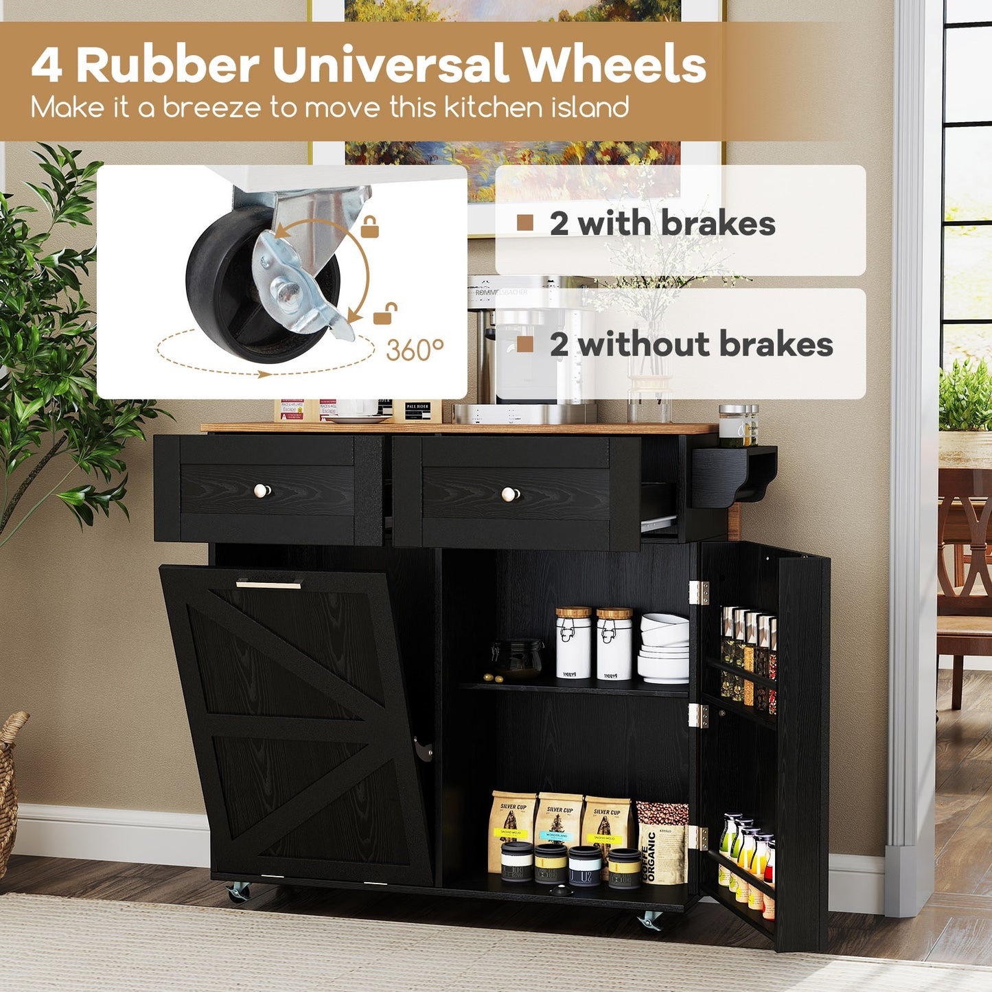 Kitchen Island Cart with Drop Leaf Trash Cabinet Storage and Locking Wheels - Black