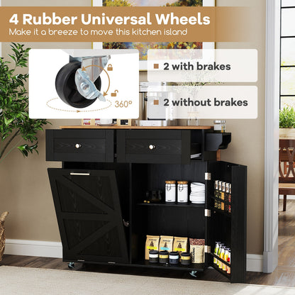 Kitchen Island Cart with Drop Leaf Trash Cabinet Storage and Locking Wheels - Black
