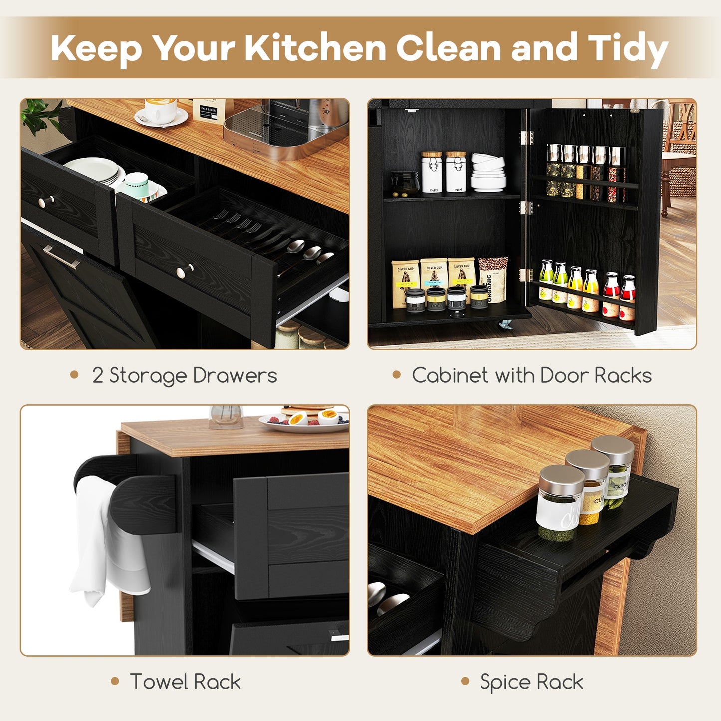 Kitchen Island Cart with Drop Leaf Trash Cabinet Storage and Locking Wheels - Black