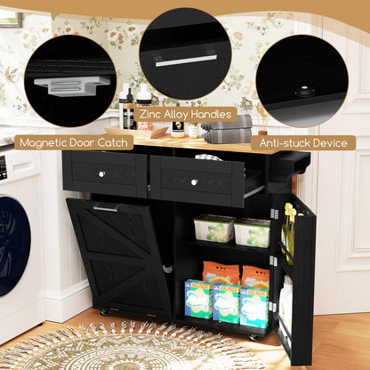 Kitchen Island Cart with Drop Leaf Trash Cabinet Storage and Locking Wheels - Black