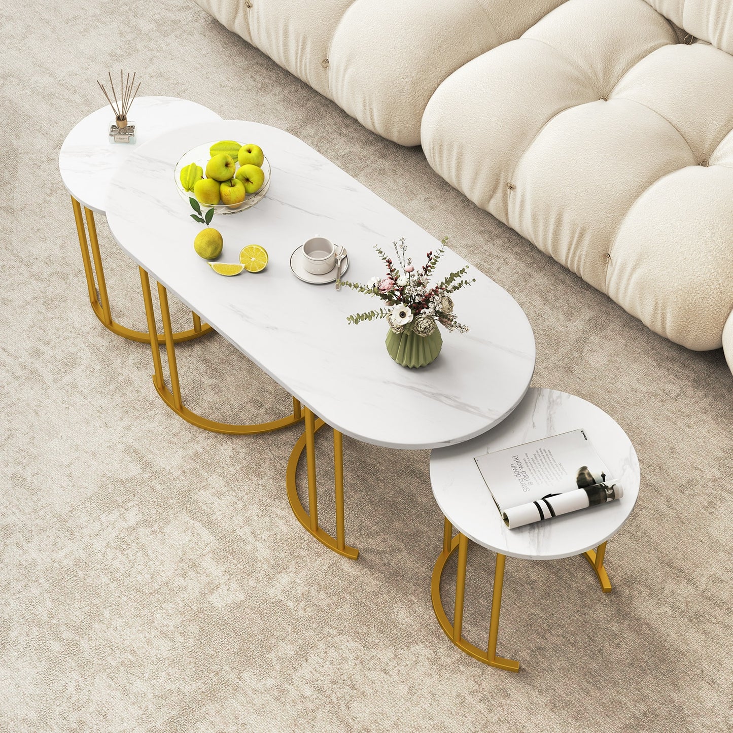 3 Piece Nesting Coffee Table Set with Faux Marble Top and Gold Metal Frame