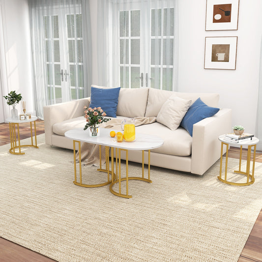 3 Piece Nesting Coffee Table Set with Faux Marble Top and Gold Metal Frame