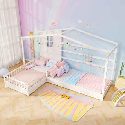L-Shaped Twin House Platform Bed with Guardrails and Corner Frame Design – White