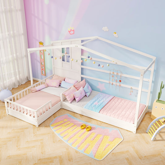L-Shaped Twin House Platform Bed with Guardrails and Corner Frame Design – White