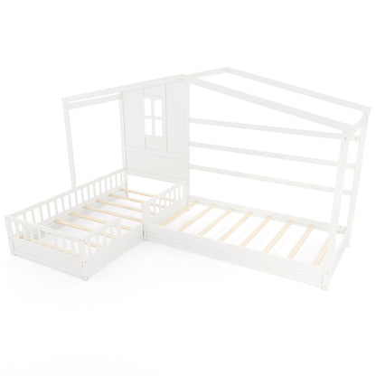 L-Shaped Twin House Platform Bed with Guardrails and Corner Frame Design – White